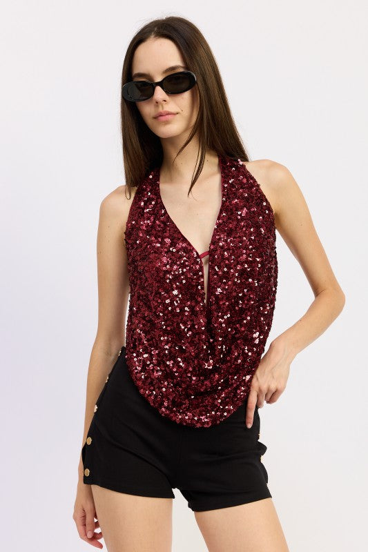 Emory Park Sequin Cowl Drape Halter Top