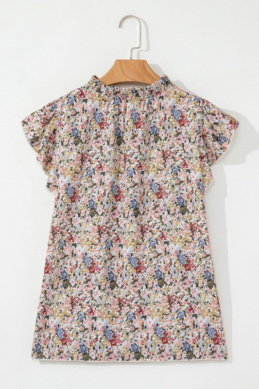 Red Boho Floral Frilled Button Neck Ruffle Blouse