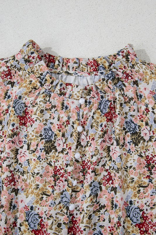 Red Boho Floral Frilled Button Neck Ruffle Blouse