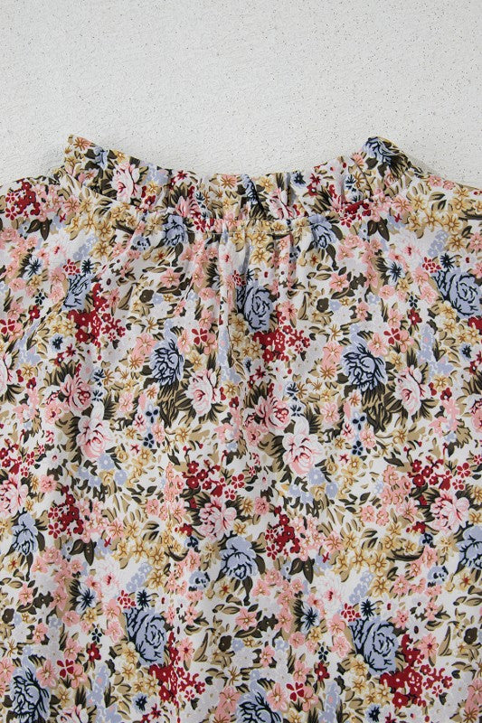 Red Boho Floral Frilled Button Neck Ruffle Blouse