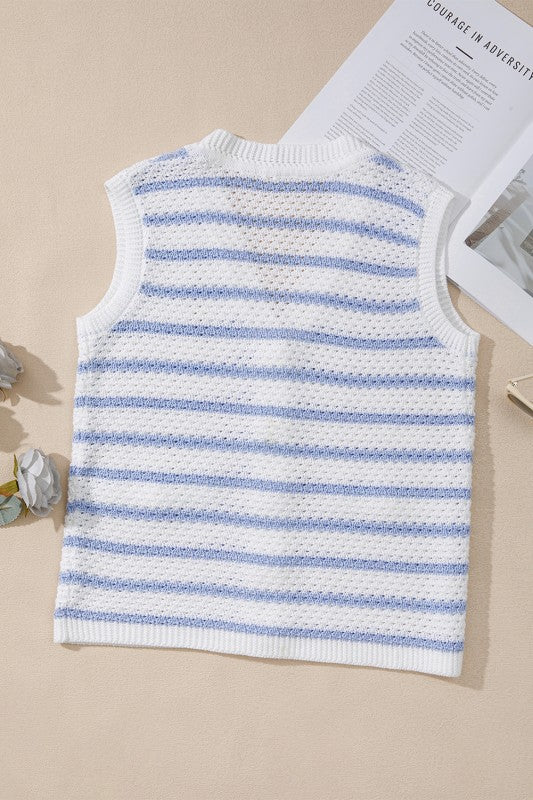 Cotton Blue Striped V Neck Button Knit Vest