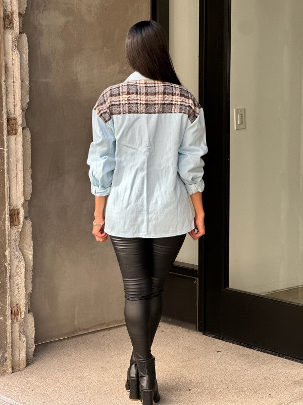 Oversized Denim & Plaid Print Jacket Top