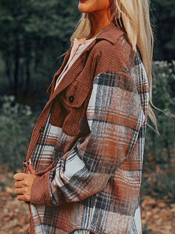 Plaid Corduroy Patch Pocket Loose Shacket Shirt