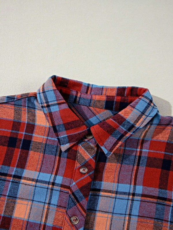 Cotton Boho Red Mint Plaid Button Shirt Shacket