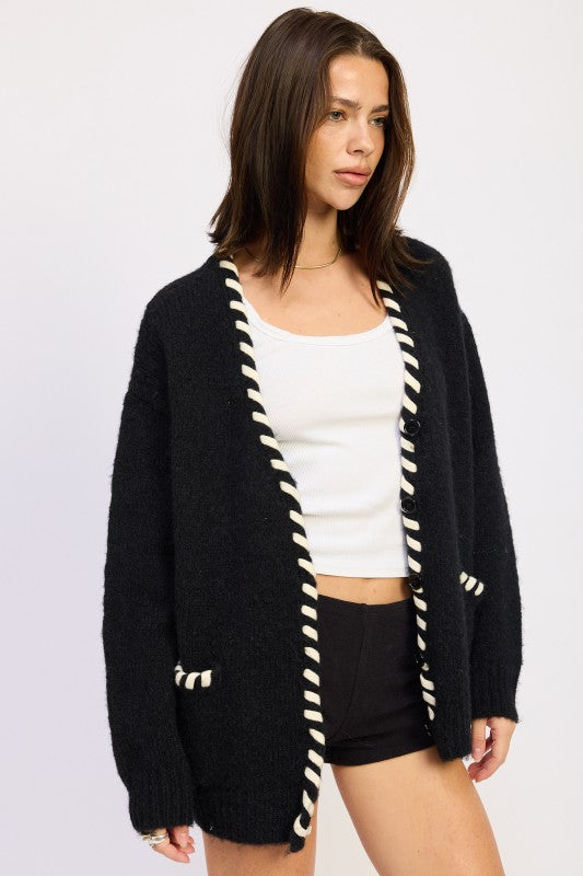 Emory Park Leather Trim Cardigan With Buttons