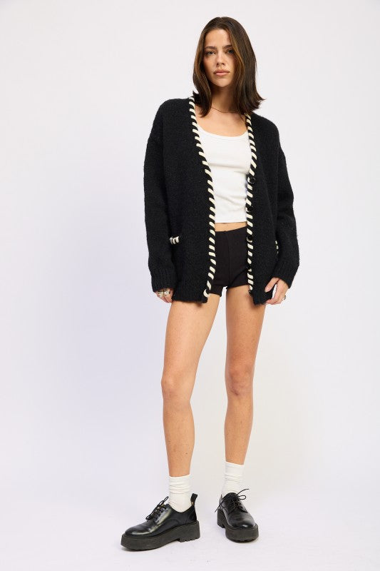 Emory Park Leather Trim Cardigan With Buttons