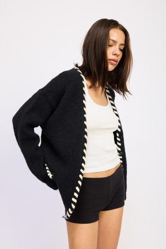 Emory Park Leather Trim Cardigan With Buttons