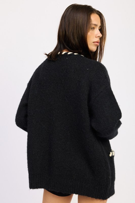 Emory Park Leather Trim Cardigan With Buttons