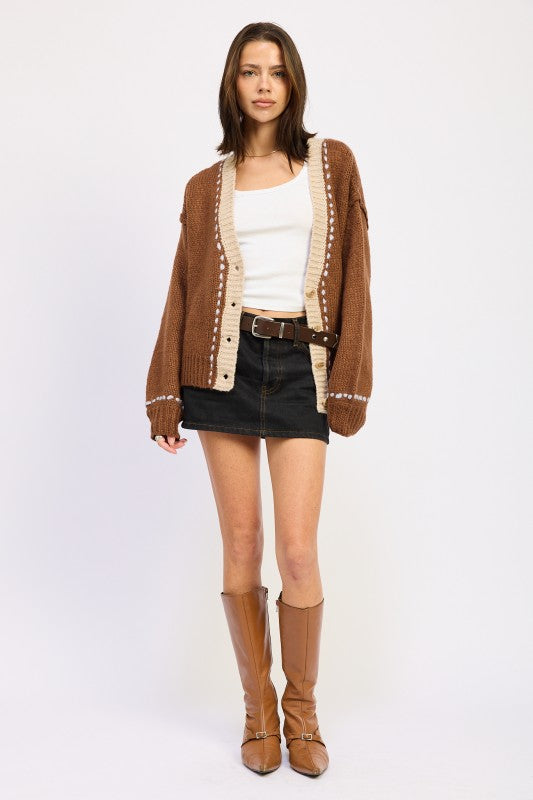 Emory Park Button Down Contrasted Cardigan in Chocolate