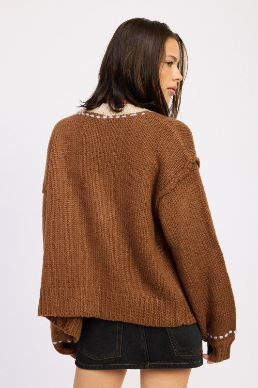 Emory Park Button Down Contrasted Cardigan in Chocolate