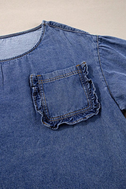 Cotton Denim Frilled Boho Pocket Top