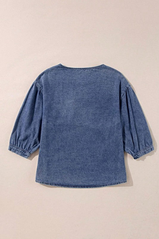 Cotton Denim Frilled Boho Pocket Top