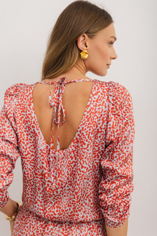 Red Leopard Print Long Sleeve Hollowed Back Dress