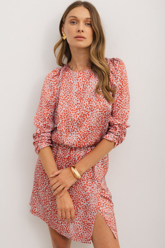 Red Leopard Print Long Sleeve Hollowed Back Dress