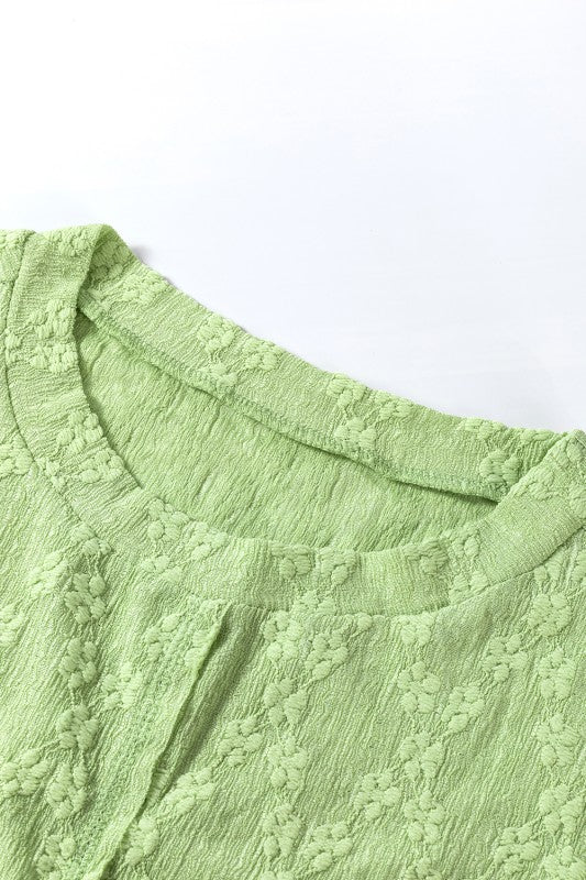 Solid Color Textured Side Split Crew Neck Blouse