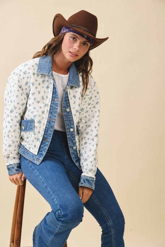 Aemi + Co |Floral Quilted Denim Trim Jacket
