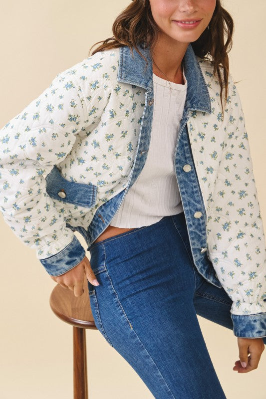 Aemi + Co |Floral Quilted Denim Trim Jacket