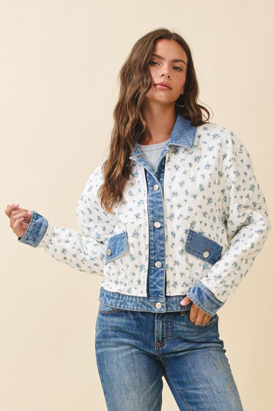 Aemi + Co |Floral Quilted Denim Trim Jacket