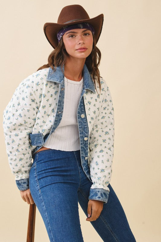 Aemi + Co |Floral Quilted Denim Trim Jacket