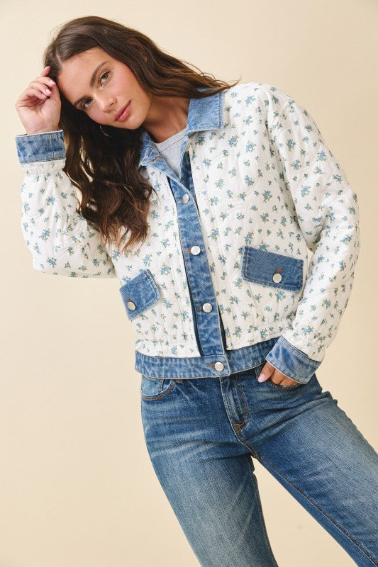 Aemi + Co |Floral Quilted Denim Trim Jacket