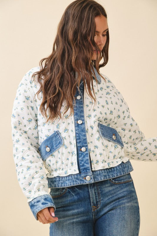 Aemi + Co |Floral Quilted Denim Trim Jacket
