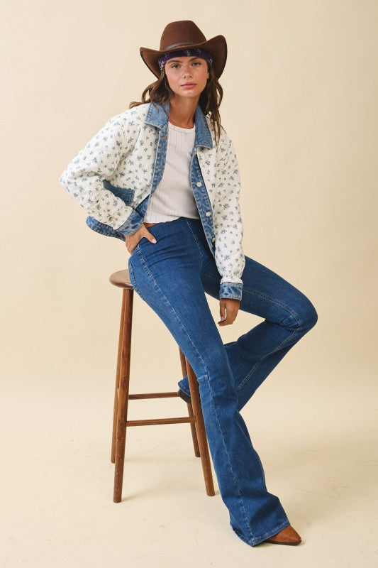 Aemi + Co |Floral Quilted Denim Trim Jacket