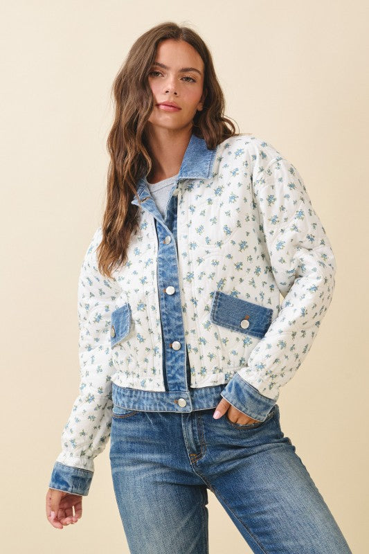 Aemi + Co |Floral Quilted Denim Trim Jacket
