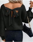 Back Tie Bow Cottagecore Sweater — Ribbed Knit V-Neck