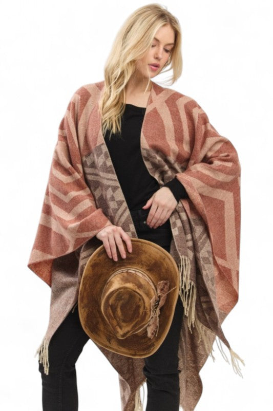 Aztec Pattern Fringe Ruana Cardigan Warp Scarf - Brown/Olive