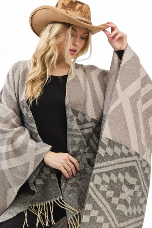 Aztec Pattern Fringe Ruana Cardigan Warp Scarf - Brown/Olive