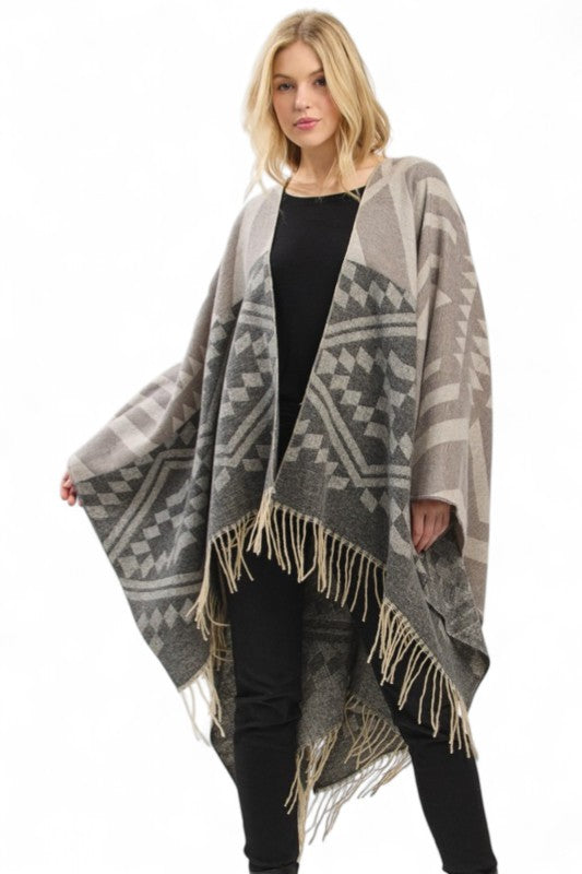 Aztec Pattern Fringe Ruana Cardigan Warp Scarf - Brown/Olive