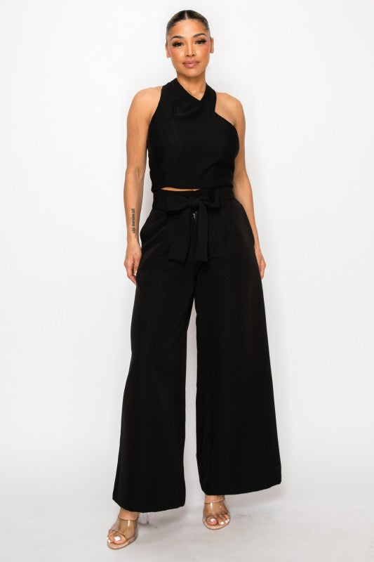 Dressy Palazzo Belted Pants & Halter Cropped Top