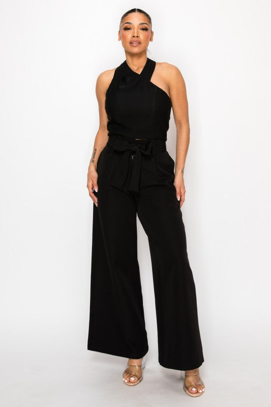 Dressy Palazzo Belted Pants & Halter Cropped Top