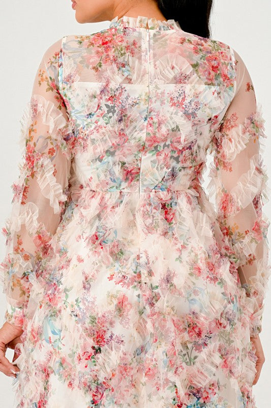 Athina |Floral Ruffle Sheer Midi Dress