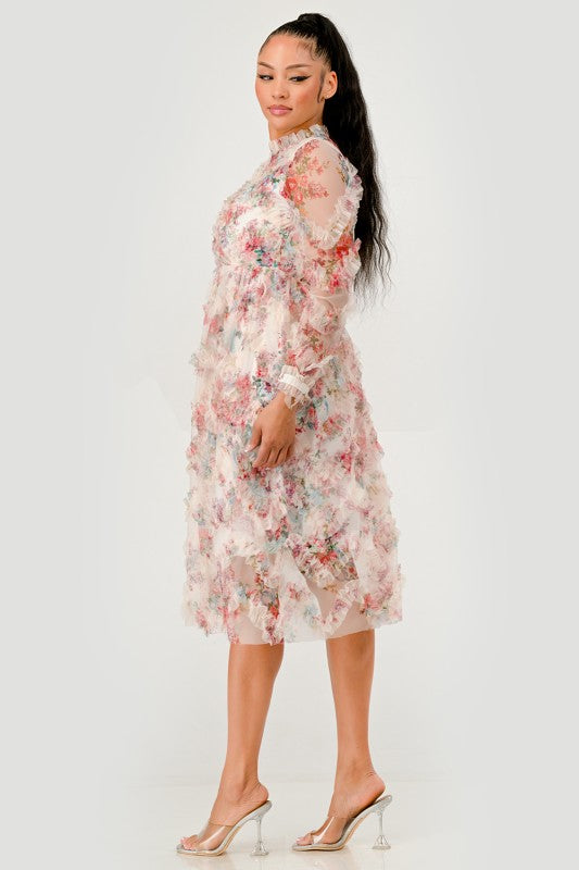 Athina |Floral Ruffle Sheer Midi Dress
