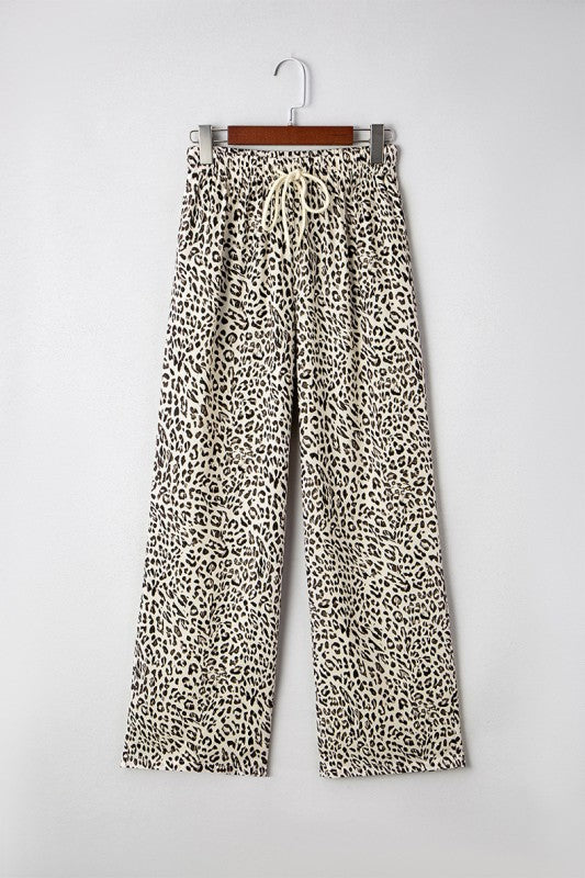 Leopard Drawstring Elastic Waistband Loose Pants