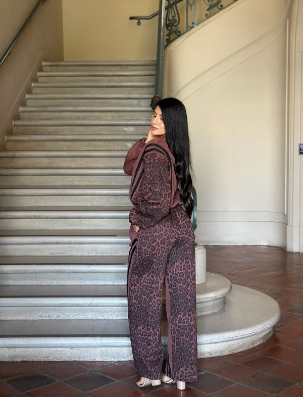 Leopard Print & Solid Stripes Contrast Loungewear
