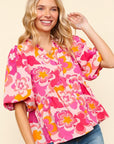 Haptics Full Size Frill Floral Puff Sleeve Blouse