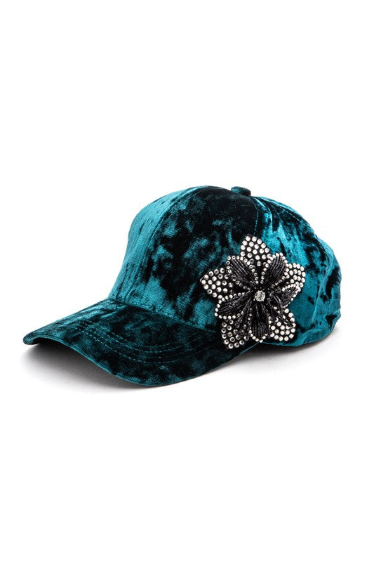 Rhinestone Flower Velour Cap