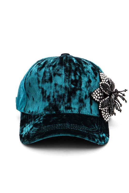 Rhinestone Flower Velour Cap