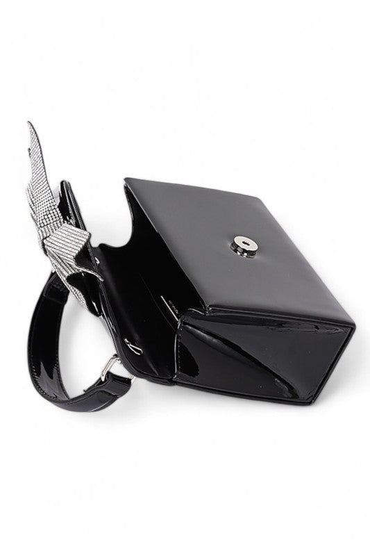 Rhinestone Bow Tie Patent Finish Crossbody Bag