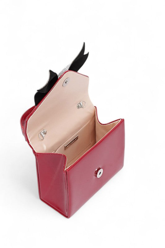 Rhinestone Bow Tie Patent Finish Crossbody Bag