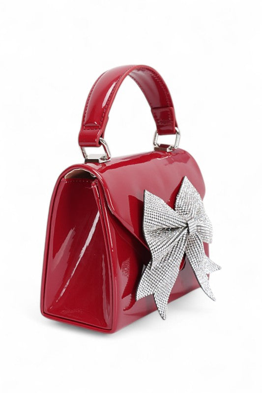 Rhinestone Bow Tie Patent Finish Crossbody Bag
