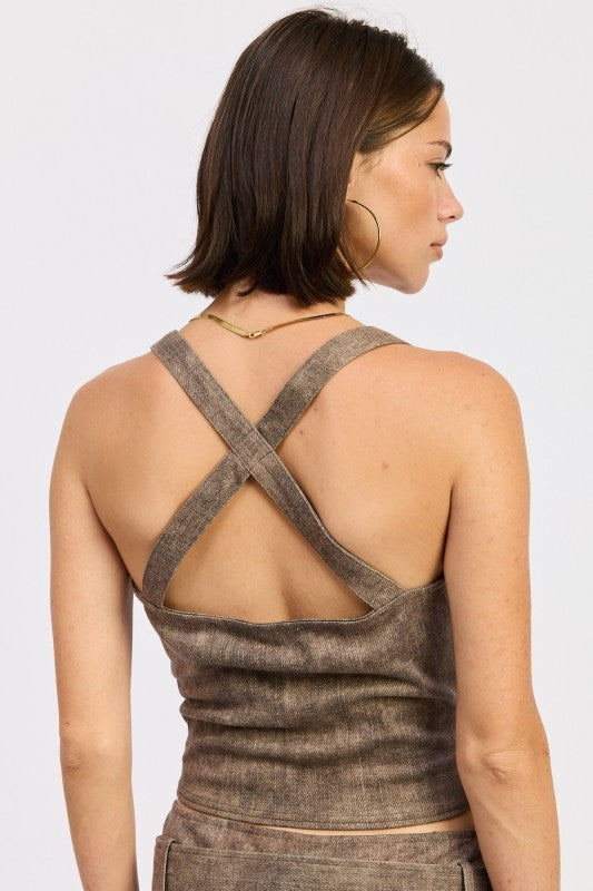 Emory Park Bustier Belted Denim Crop Top with Buckle Detail