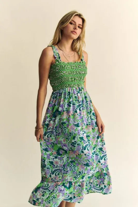 Davi & Dani Multi Smocked Bodice Geo Ruffle Strappy Midi Dress