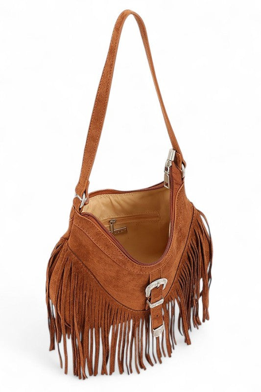 Western Buckle Faux Suede Fringe Bag