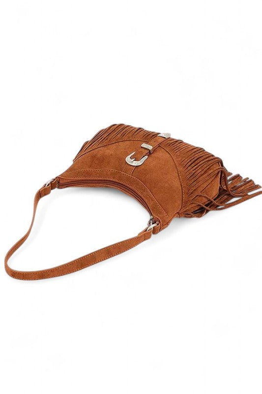 Western Buckle Faux Suede Fringe Bag
