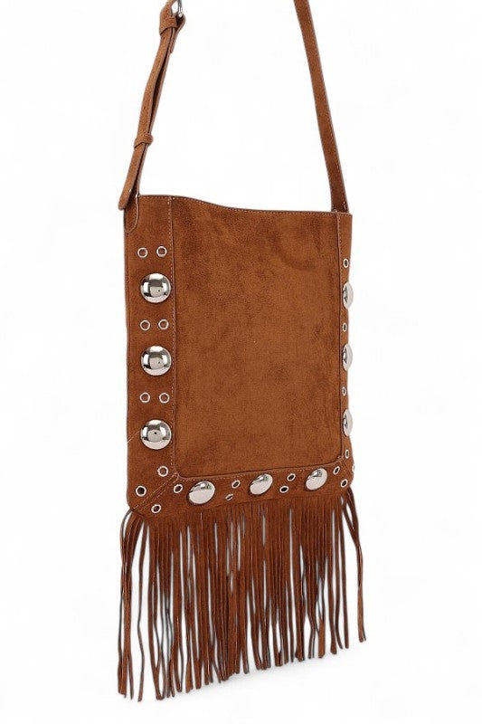 Metal Studs Fringe Faux Suede Crossbody Bag