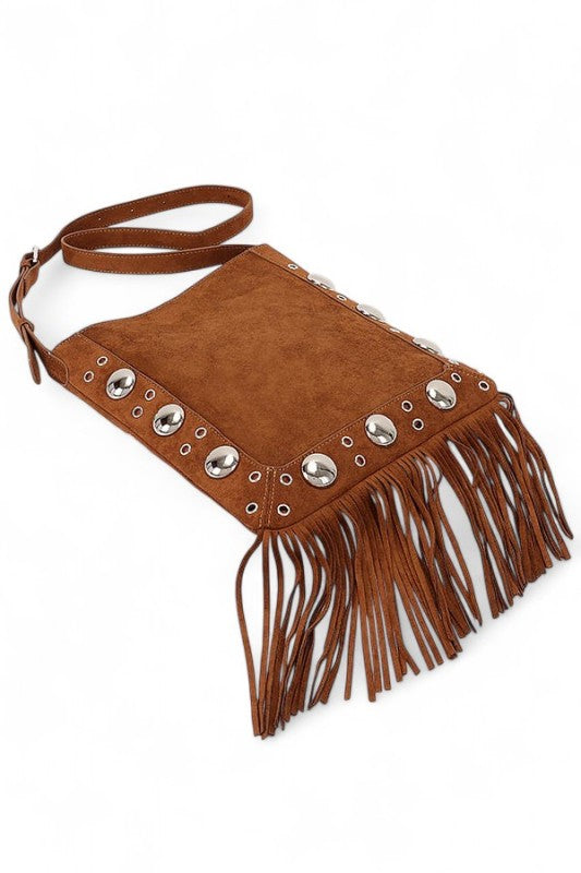 Metal Studs Fringe Faux Suede Crossbody Bag
