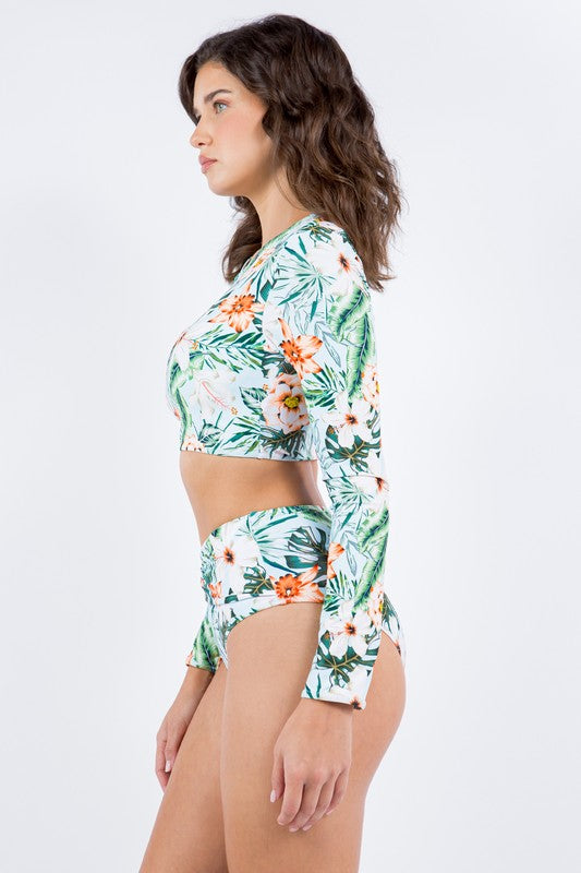 Two Piece Floral Prints with Long Sleeve Bikini